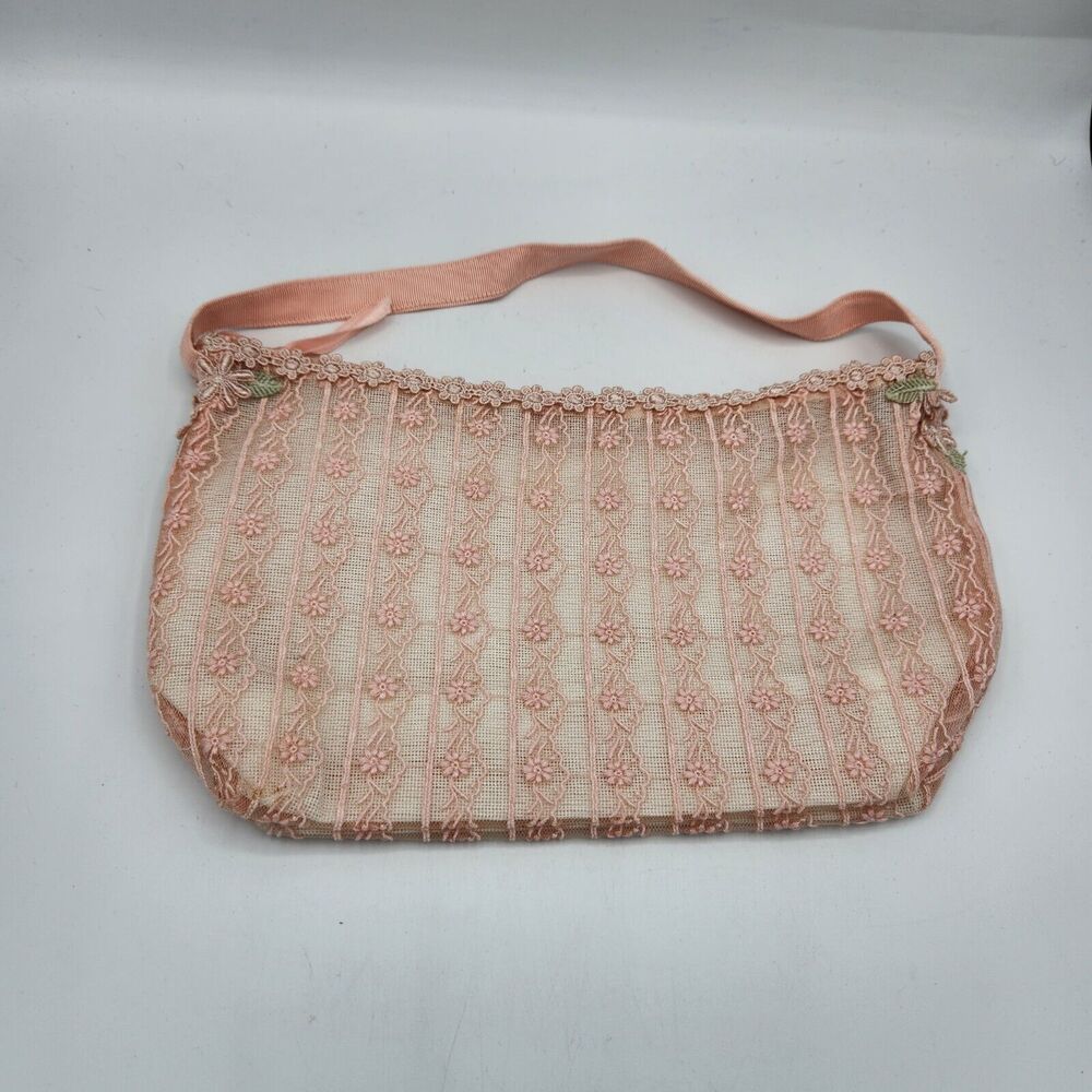 Handmade Canvas Lace Applique Mini‎ Purse Light Pink Floral
